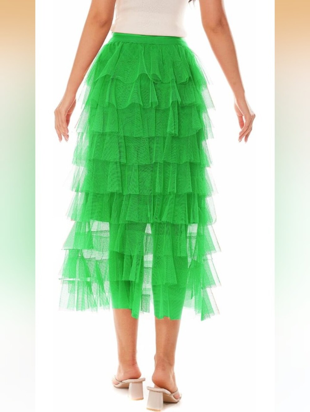 BDQING Green Tiered Tulle Midi Skirt Size Medium NWT - Picture 2 of 5